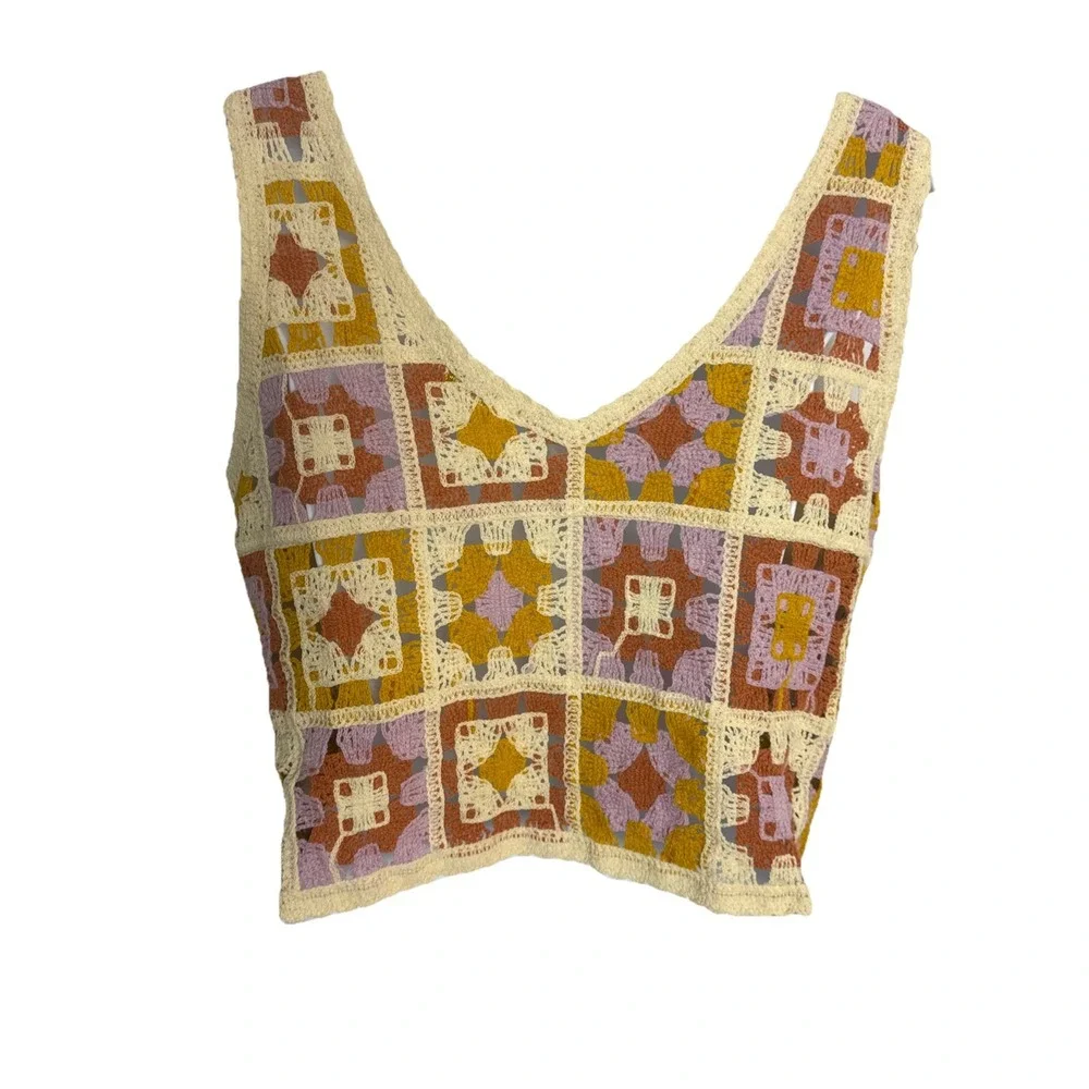 Rebellion Womens Tank Top Med Multi‎ Crochet Patchwork Granny Square Crop Boho - Picture 2 of 6